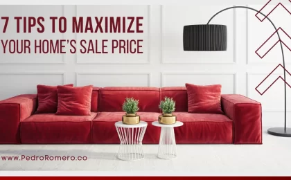 Red Couch with "7 Tips To Maximize Your Homes Sale Price" written above,
