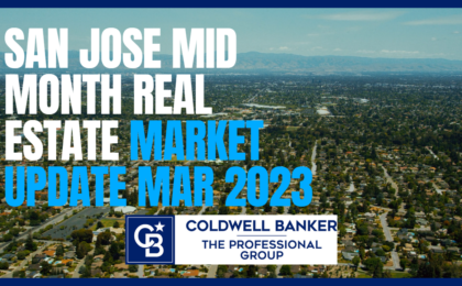Image of San Jose background with text overlay "San Jose Mid Month Real Estate Market Update Mar 2023."