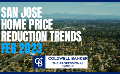 Background Image of San Jose, CA, with text overlay San Jose Home Price Reduction Trends Feb 2023.