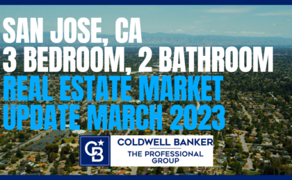 Background image of San Jose,CA with text overlay "San Jose, CA 3 Bedroom, 2 Bathroom Real Estate Market Update March 2023."