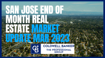 Background image of San Jose CA with text overlay San Jose End Of Month Real Estate Market Update March 2023.