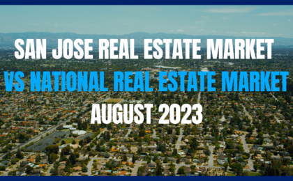 Aerial view of San Jose with lettering titled San Jose Real Estate Market VS National Real Estate Market August 2023 in the foreground.